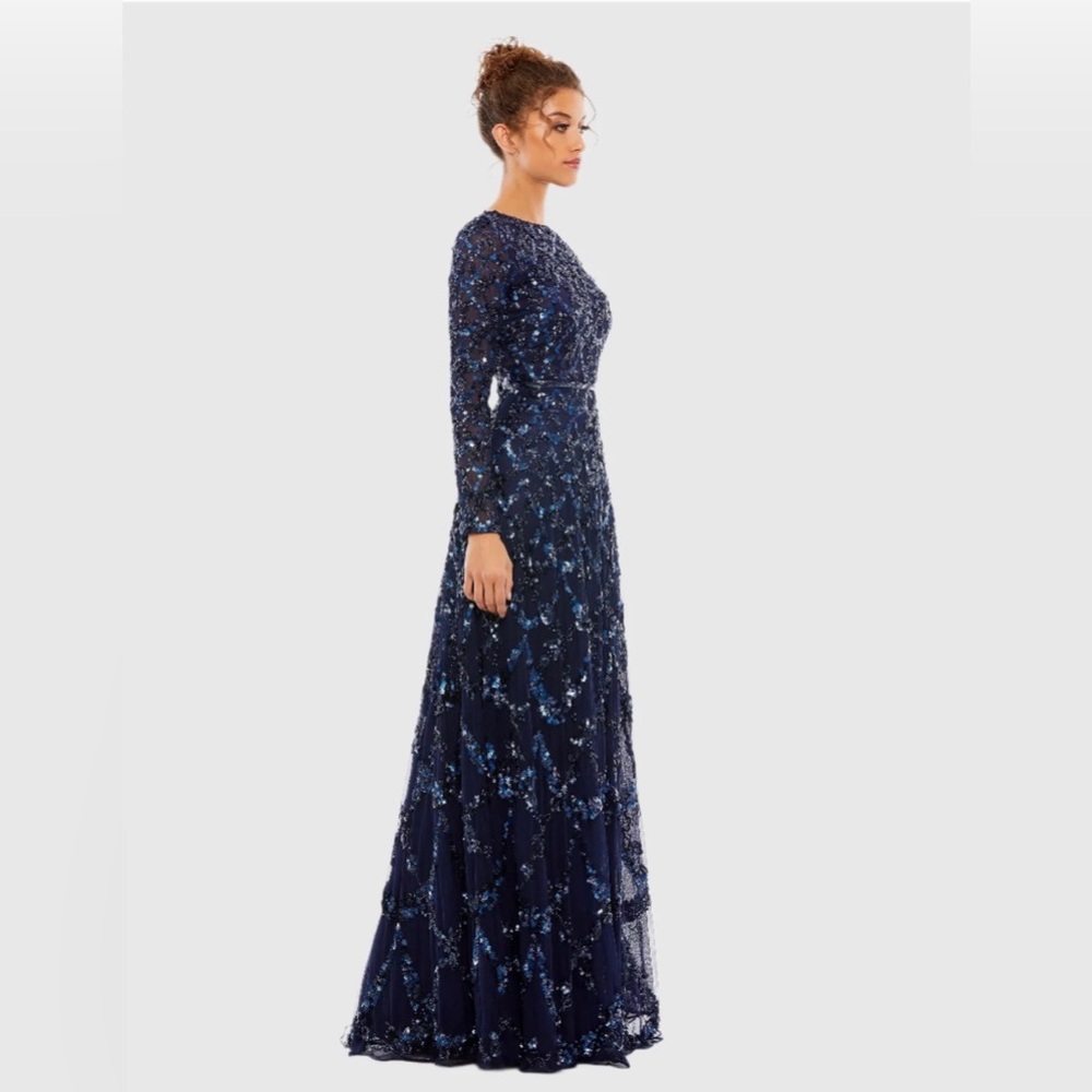 MAC DUGGAL Embellished Illusion High Neck Long Sleeve A Line Gown Navy blue - Picture 4 of 16